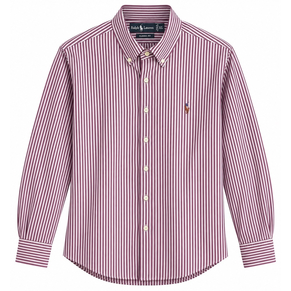 Polo Ralph Lauren Men XL Burgundy White Stripe Classic Fit Buttondown Shirt Logo